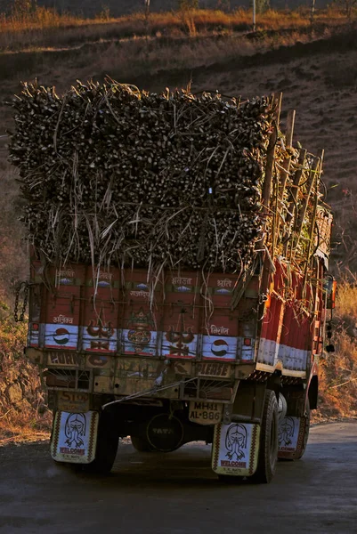 Ciężarówka załadowana wiązkami trzciny cukrowej, Satara, Maharashtra, I — Zdjęcie stockowe