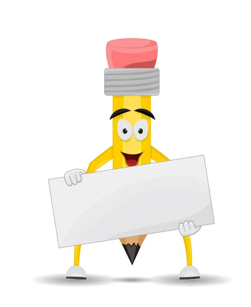 Lápiz amarillo personaje de dibujos animados sosteniendo pancarta — Vector de stock