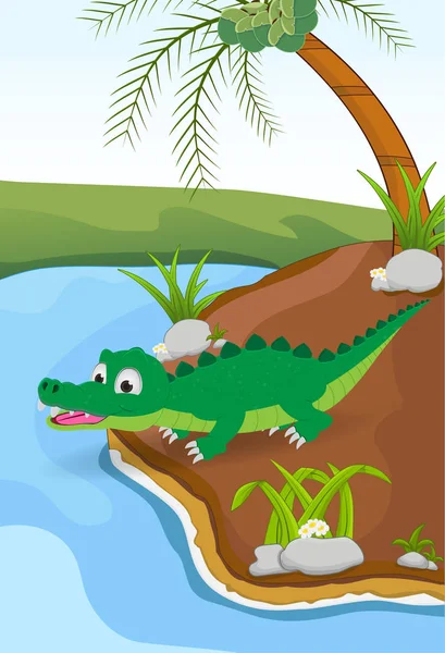 Cartoon krokodil naast rivier — Stockvector