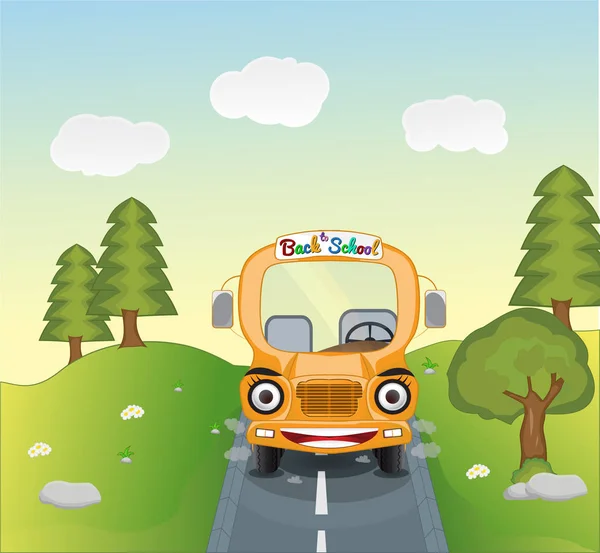 Bus scolaire dessin animé sur la route — Image vectorielle