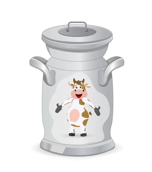 Cartoon-Milchkanne mit Kuh-Etikett — Stockvektor