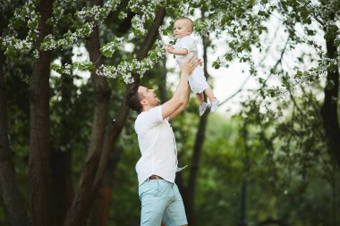 Yakışıklı genç baba, çiçek açan sakura ağacının altına küçük tatlı oğlunu kusuyor. Beyaz aile kıyafetli baba ve bebek, çiçek açan kiraz ağaçlarının yanında eğleniyorlar. Sakura çiçekleri bahar mevsiminde açar.