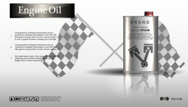 Engine oil in an iron jar.Bottle engine oil on white background with gear, clean vector. Realistic 3D vector image. canister ads template with brand logo Blueprints. .EPS10 vector