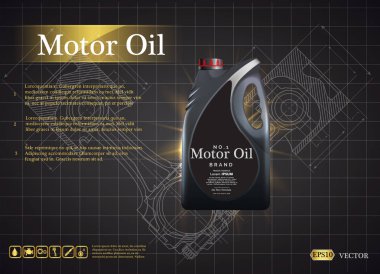 Şişe motor yağı bir arka planda bir motorlu araba piston, teknik çizimler. Gerçekçi 3d görüntü vektör. teneke kutu reklamlar şablon marka logosu ile planları. Makine mühendisliği çizimleri.