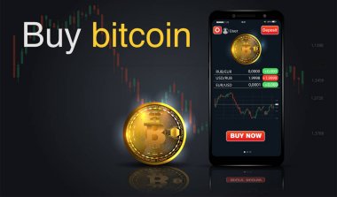 Bitcoin satın. Online Kripto ödeme kavramı. Altın sikke ile akıllı telefon, düğmesi satın. Tıklama başına sanal para birimine göre ödeme. iş, web afiş, siteleri tasarım vektör