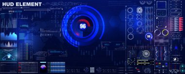 Futuristik bir arayüze hud tasarım, Infographic öğeleri tarama grafik veya dalgalar, uyarı ok ve çubuğu Ayalayıcı, parmak izi veya dactylogram geçmek, molekül hologram gibi