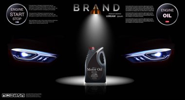   Motor yağı reklamı arka planı. Açık altın bokeh arka planında motor yağı, konteynırlarla, gerçekçi üç boyutlu vektör görüntüsü. Marka logolu teneke kutular. Vektör