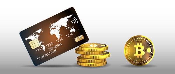  Credit card & gold bitcoins banner. Banking hidden treasures icon. Finance icon. Plastic card software wealth badge.