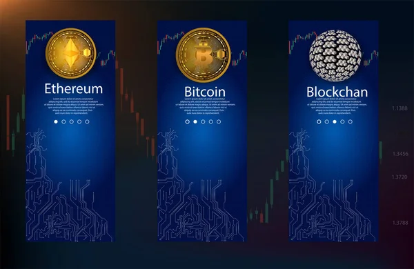 Ícone Bitcoin Ethereum Bitcoin Realista Moeda Ethereum Fundo Azul Circuito —  Vetores de Stock