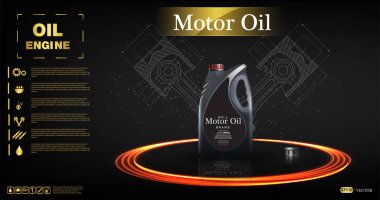   Motor yağı reklamı arka planı. Açık altın bokeh arka planında motor yağı, konteynırlarla, gerçekçi üç boyutlu vektör görüntüsü. Marka logolu teneke kutular. Vektör