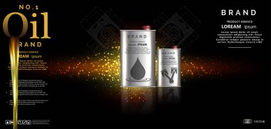   Motor yağı reklamı arka planı. Açık altın bokeh arka planında motor yağı, konteynırlarla, gerçekçi üç boyutlu vektör görüntüsü. Marka logolu teneke kutular. Vektör