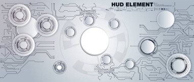 Çeşitli teknoloji elementlerine sahip gri beyaz soyut teknoloji. Yüksek teknoloji iletişim konsepti yenilik arka planı. Metnin için boş alanı çembere al