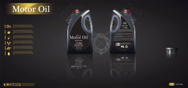   Motor yağı reklamı arka planı. Açık altın bokeh arka planında motor yağı, konteynırlarla, gerçekçi üç boyutlu vektör görüntüsü. Marka logolu teneke kutular. Vektör