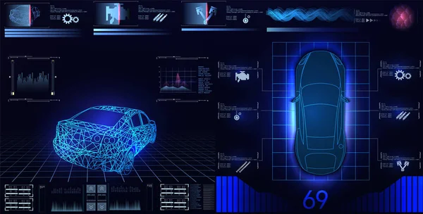 Servicio de coches en el estilo de HUD, Autos infografía ui, análisis y diagnósticos en el estilo hud, interfaz de usuario futurista, reparaciones de coches, Auto servicio de coches, mecanismos de coches, servicio de coches HUD. tablero de instrumentos — Vector de stock