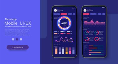 Modern tasarımla mobil uygulama bilgi şablonu. Mobil uygulamalar ve ilgili web siteleri için farklı Ui, Ux, Gui ekranları ve web simgeleri. Çizelgeleri ve istatistikleri olan mobil uygulamalar. Vektör