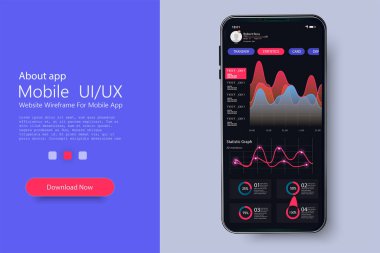 Şifreli cüzdan mobil uygulama Ui, Ux, Kit. Engelleme zinciri için ekranlar, şifreli uygulamalar. İstatistik grafikleri ve finans grafikleriyle modern bilgi vektör şablonu. Vektör