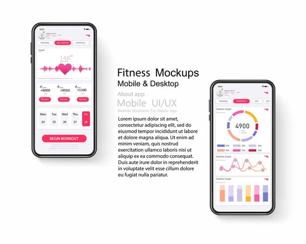 Mockup for mobile fitness app with menu reviews, charts, statistics. Different UI, UX, GUI screens fitness app and flat web icons for mobile apps, responsive website including.Fitness interface design
