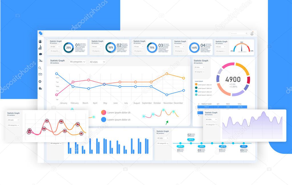 Blue dashboard, great design for any site purposes. Business infographic template. Vector flat illustration. Big data concept Dashboard user admin panel template design. Analytics admin dashboard