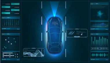 Aracın donanım tanılama durumu, tarama, test, izleme, analiz. Hud tarzında araba servisi. Sanal grafik arayüzü Gui, Ui, Hud otomatik tarama, analiz ve tanı. Vektör