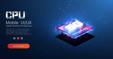 Mobil kablosuz internet yeni bir nesil. İzometrik fütüristik mikroçip ve 5G hologram. Işık efektli mikroçip işlemcisi. sibernetik sistem, fütürist hesaplama teknolojisi.