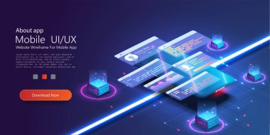 Mobil uygulama için özel tasarım, Ui Ux tasarımı. Parçalanmış arayüzlü telefon. Gradyan arka plan ve dijital grafik çizelgesi ince çizgi. Vektör illüstrasyonu. İniş sayfası şablonu