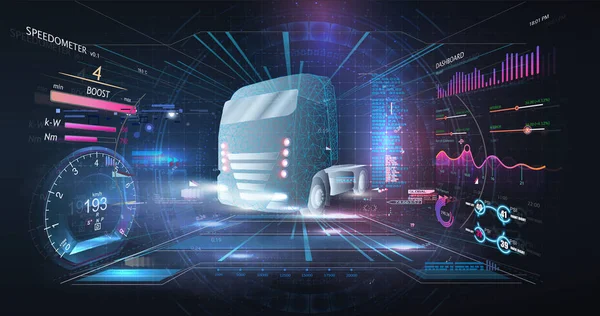 Autonomer Smart Truck. Unbemannte Fahrzeuge. Künstliche Intelligenz steuert den autonomen Lastwagen. Hologramm Auto Stil in Hud Ui Gui. Hardware-Diagnose Zustand des Autos. Analyse und Diagnostik — Stockvektor