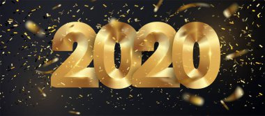 Mutlu 2020 seneleri. Altın metalik sayılar bayramı 2020. Parti posteri, afiş ya da davetiye yıldızların parıldayan konfeti süslemesi. Vektör