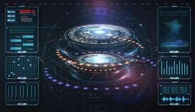 Hud, Ui, Gui. Soyut sanal dokunmatik kullanıcı arayüzü. Vektör bilimi soyut. Dijital bilgi grafikleri ve veri grafikleri ile gelecekteki kullanıcı arayüzü vektör elektronik bilimkurgu hologramı