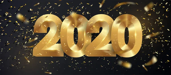 Buon anno 2020. Vacanza di numeri metallici d'oro il 2020. Manifesto della festa, banner o invito oro scintillante stelle coriandoli glitter decorazione. Vettore — Vettoriale Stock