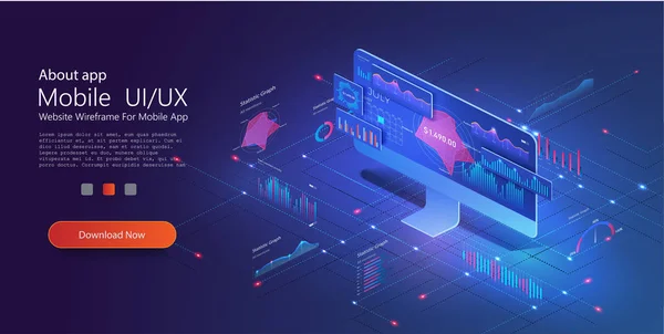 Application du PC avec graphique d'affaires et données analytiques sur PC isométrique. Analyser les tendances et la stratégie financière en utilisant un graphique infographique. Statistiques et données en ligne Analytics . — Image vectorielle