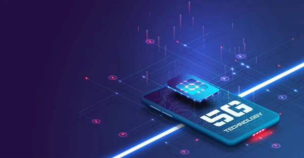 Nouvelle 5ème génération d'internet, réseau 5G sans fil avec connexion haut débit. Nouvelle génération de cartes eSIM sans fil, carte SIM sur fond de téléphone mobile.Smartphone futuriste hi-tech isométrique . — Image vectorielle