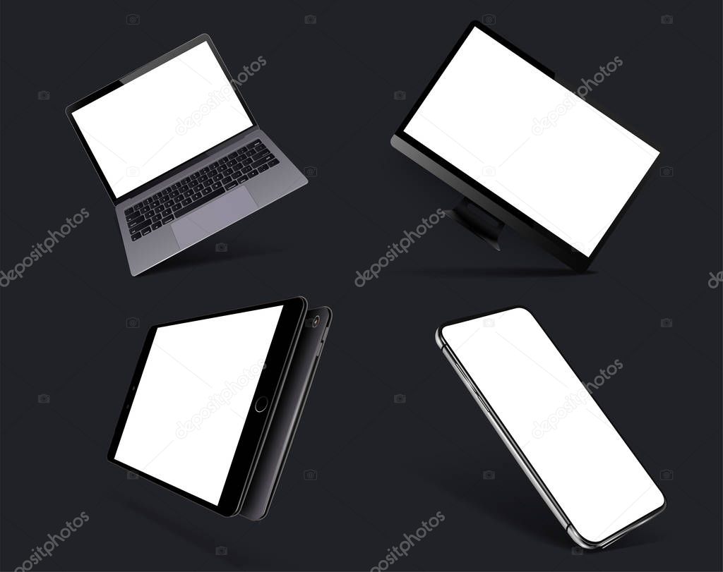 Set Mock-up of realistic devices. Smartphone, tablet, laptop, monitor. Perspective view device mockup with blank for you design. Template for infographics or presentation. Mockup set.