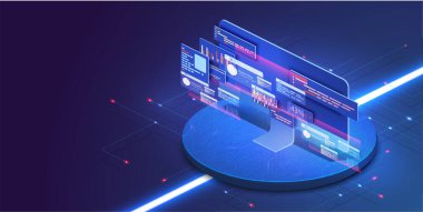 Isometrik bilgisayarda iş grafiği ve analitik verileri olan bilgisayar uygulaması. Analiz eğilimleri ve yazılım geliştirme kodlama süreci kavramı. Çapraz platform kodu programlanıyor, test ediliyor.