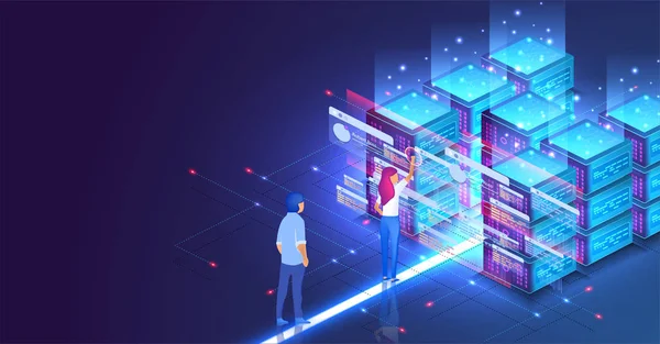 Concept isométrique une jeune femme et l'homme crée un datacenter de conception personnalisée ou arrière-plan blockchain. Design UI UX. Mise en page du site Web de l'infrastructure réseau mainframe. Page de débarquement — Image vectorielle