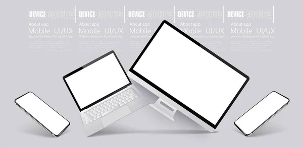 Computer, tablet en smartphone responsief met wit scherm. Mockups gadgets vector set. 3D realistische modellen technologie apparaat en elektronica. Gadgets vanuit verschillende hoeken, perspectief, — Stockvector