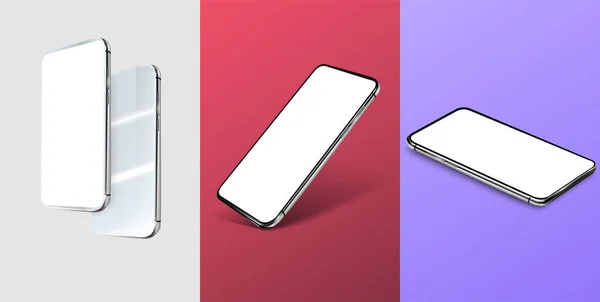 Tres diseños de teléfonos móviles, en diferentes posiciones. Posiciones de teléfono modernas y fondos de color tendencia Rojo, blanco, azul. Muy adecuado para sus presentaciones y maquetas. 3D . — Vector de stock