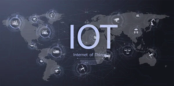 Internet de las cosas IOT icono TIC innovación tecnología concepto. Concepto de red para dispositivos conectados. Red de comunicaciones inalámbricas Smart City. Hogar inteligente — Vector de stock