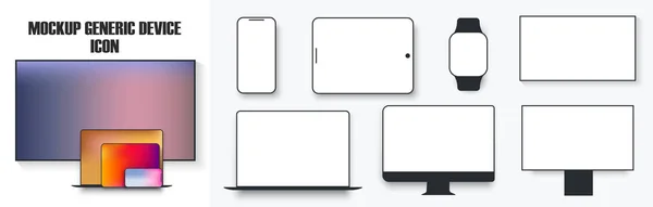 Computador de mesa branco tela de exibição smartphone tablet portátil notebook ou laptop e ícone de tv. Delinear dispositivos eletrônicos mockup linhas de monitor de telefone simples isolado — Vetor de Stock