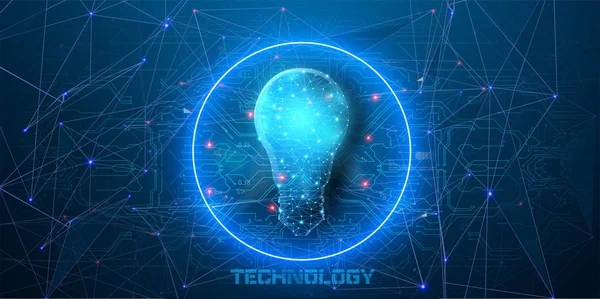 Modré technologické pozadí. Nízký polystylový žárovka v neonovém kruhu, koncept myšlenky nebo technologie. — Stockový vektor