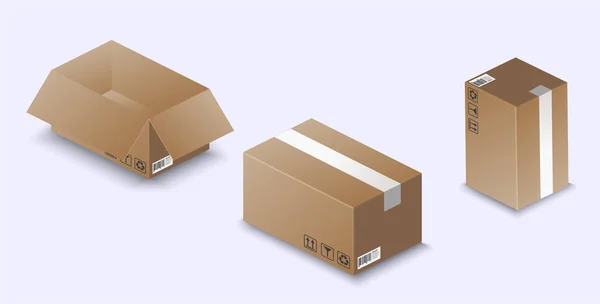 Otwarte i zamknięte kartonowe pudełka izolowane na białym tle. Puste otwarte pudełko wysyłkowe lub rozpakowanie. — Wektor stockowy