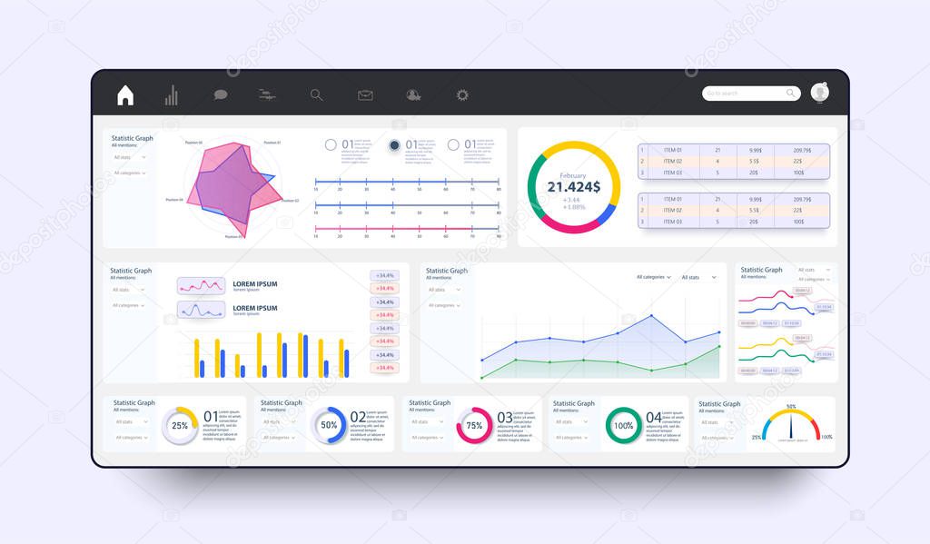 Dashboard, great design for any site purposes. Business infographic template. Vector flat illustration. Big data concept Dashboard user admin