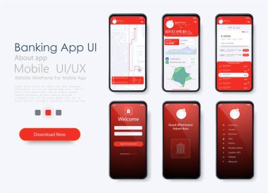 Ui Bankacılık Uygulaması, Ux, Kit karşılık veren mobil uygulama ya da oturum açma dahil farklı Gui düzeni içeren web sitesi. Giriş ve parola girdisi, ana sayfa, ödeme bilgileri, reytingler ve istatistikler.