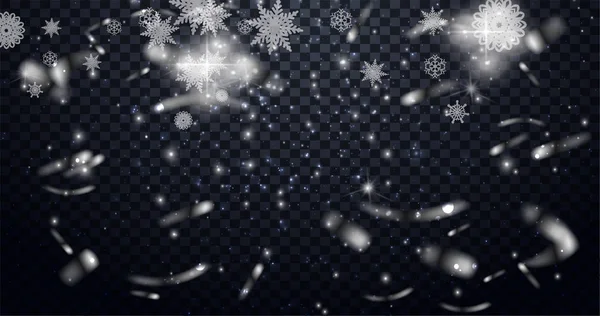 Vallende sneeuwvlokken. Vallende sneeuw effect op transparante achtergrond. Lichten en sneeuwvlokken. Vector — Stockvector