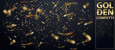 Düşen Parlayan Altın Konfeti siyah şeffaf arka planda izole edildi. Noel ya da Mutlu Yıllar Konfeti. Kart için 3 boyutlu konfeti yağmuru arka planı, davetiye. Vektör
