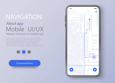 Material Design Ui, Ux Screen, mobil uygulamalar için düz web simgeleri. Şehir haritası navigasyonunun gösterge paneli temalı yaratıcı bilgileri. Vektör