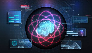 Soyut arkaplan. Zarif bir parlama çemberi. Işık yüzüğü. Atomlar ve elektronlar. Hud, Ui, Gui artırılmış gerçeklik projesinde çalışmalar sergiliyor. Fütürist 3d atom parçacık fiziği veri analizi dijital