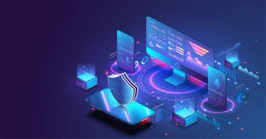 İş grafiği ve analitik verileri olan bilgisayar ve akıllı telefonun uygulaması. Dijital koruma mekanizmasının Isometric vektör illüstrasyonu, sistem gizliliği. Veri güvende. Dijital para piyasası,