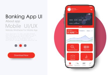 Çevrimiçi Bankacılık Mobil Uygulamaları Ui, Ux, Gui cüzdan, alışveriş, hesap transferim, fatura ödemem, ürün detayları. Uygulama arayüzü için kavramsal cep telefonu ekran modeli