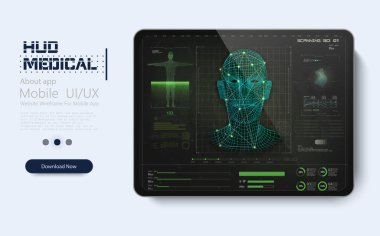 Hud tarzı modern tıbbi muayene. Ultrason ve kardiyogram. Fütürist Tıbbi Arayüz, sanal grafik Ui Ux. Tıbbi tarama ve tablet üzerinde tıbbi uygulama. Hud. 