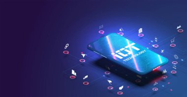 Bağlı cihazlar için birçok şeyin interneti ve ağ konsepti. Nesneler ve nesneler ile akıllı telefon ağı iletişimi. Akıllı telefondan izleme ve kontrol. Mavi teknoloji. Vektör.
